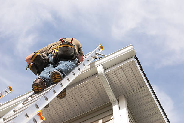 Cleaning gutters with a leaf blower attachment from the ground — no ladder needed